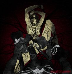 guessuhhhh orgy orgy_sex laying_on_back laying_down laying_on_bed messy_hair messy licking licking_penis licking_pussy tongue_wrap tongue_fucking tongue tongue_out symbiote marvel venom_(marvel) legs_up arms_up armpits original_characters female_masturbation male_masturbation corruption corrupted