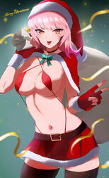 1girls 2021 arm_on_shoulder barely_clothed belly belly_button bikini bikini_top black_stockings bow breasts choker christmas_outfit clothed clothed_female female female_only gloves hi_res high_resolution highres kataku_musou merry_christmas miniskirt navel open_mouth original pink_hair red_eyes santa_hat skirt stockings tagme tongue tongue_out v