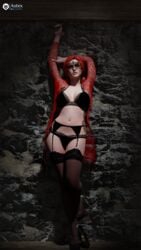 1girls 3d alternate_costume arms_up astex black_bra cd_projekt_red female female_only garter_belt garter_straps leaning_against_wall mask petite posing solo sorceress stockings the_witcher_(series) the_witcher_3:_wild_hunt triss_merigold