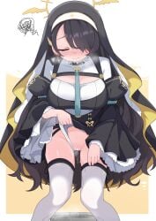 1girl absurdres asymmetrical_bangs black_hair blue_archive blush breasts closed_eyes clothing_aside commentary_request commission cross cross_earrings earrings hair_over_one_eye halo highres hinata_(blue_archive) jewelry large_breasts lmc_(lmcgarage) long_hair nun pee pee_in_container peeing peeing_in_bucket pixiv_commission revision solo squiggle thighhighs white_thighhighs yellow_halo