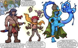 1girl 2boys anklet barbarian barbell_piercing black_hair blue_hair blue_skin boots bracelet breasts brown_boots brown_gloves brown_pants cape cloak colored_skin commentary dark-skinned_male dark_skin english_commentary gloves green_cloak green_eyes hair_over_one_eye highres jewelry large_breasts markydaysaid multiple_boys necklace nipple_bar nipple_piercing nipples open_cloak open_clothes original pants piercing pussy red_hair sharp_teeth short_hair teeth topless_male white_background yellow_cape