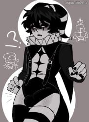 black_hair black_sclera bulge bulge_through_clothing bulge_under_clothes clown_makeup confused confused_expression confused_face confused_look emo emo_hair facepaint fae femboy femboy_focus grey_skin hung hung_femboy jester jester_boy jester_cap jester_costume jester_hat jester_outfit leotard male male_focus original_art original_artwork original_character originally pantless ruffled_collar shadow_creature suspiciousmilk unsure
