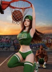 wowzerspowzers ai_generated 3d dead_or_alive grand_theft_auto ninja_gaiden grand_theft_auto:_san_andreas kasumi_(doa) carl_johnson crossover koei_tecmo rockstar_games ai_art team_ninja eastern_and_western_character dark-skinned_male light-skinned_female interracial asian_female black_male 1boy1girl 1girl1boy jewelry gold_jewelry kunoichi gangster ninja los_santos ghetto basketball basketball_jersey basketball_(ball) basketball_shorts graffiti_on_wall graffiti socks cap hat backwards_baseball_cap backwards_cap backwards_hat couple couple_(romantic) six_pack muscular_male muscles evening sunset basketball_court choker booty_shorts long_hair applause victory mouth_open basketball_hoop slam_dunk holding_net sitting sitting_on_floor clapping sweaty sweaty_body moist wet wet_body jumping jump accepting_defeat tired_look winner they_playing_basketball