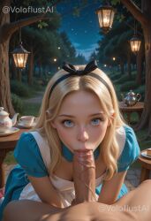 1boy 1girl ai_generated alice_(disney) alice_in_wonderland alice_liddell apron black_hairband blonde_hair blue_dress blue_eyes breasts clothed_female_nude_male cup disney disney_channel disney_princess dress erection fellatio food forehead hair_bow hairband hetero leaning_forward lips long_hair looking_at_viewer night night_sky nude oral outdoors penis plate pov puffy_short_sleeves puffy_sleeves short_sleeves sky solo_focus starry_sky table tea teacup teapot tree uncensored veins veiny_penis voloflustai white_apron