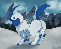 absol anus ass balls digital_media_(artwork) feral genitals looking_at_viewer male mammal mountain nintendo pokémon_(species) pokemon pokemon_(species) presenting presenting_hindquarters snow solo video_games zeklullaby