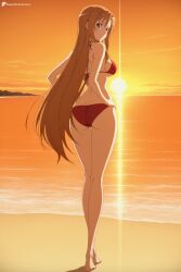 digitalwaifugallery ai_generated patreon seductive sexy uncensored watermark hi_res high_quality high_resolution yuuki_asuna sword_art_online 1girl swimsuit bikini solo sunset long_hair ass red_bikini asuna_(sao) breasts ocean looking_back long_legs sun beach brown_hair brown_eyes very_long_hair outdoors water sunlight sideboob looking_at_viewer sky horizon from_behind orange_background legs