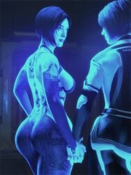 2girls 3d big_breasts big_butt blender blue_body blue_hair blue_skin bob_cut breasts butt butt_focus clothed cortana eye_contact halo_(series) halo_4 halo_infinite highres holding_hands joyeuse looking_at_another looking_at_partner sci-fi science_fiction sideboob video_game_character word2