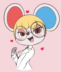 :3 animal_crossing anthro blue_inner_ear blush breasts clothing coat eyewear female glasses half-length_portrait heart hi_res lab_coat looking_at_viewer mammal mouse murid murine nintendo nipples open_mouth petri_(animal_crossing) portrait red_inner_ear rodent solo topwear video_games vono