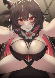 1girls akano_yomi alternate_costume black_bra black_hair blush bra depth_of_field fangs hair_ornament highres honkai_(series) honkai_impact_3rd large_breasts long_hair looking_at_viewer male_pov multicolored_hair open_mouth panties pov red_eyes red_hair seele_(alter_ego) seele_vollerei straddling sweat teeth