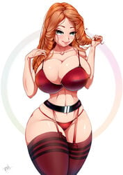 1girls amouranth belt belt_buckle big_breasts blush blushing breasts fountainpew ginger ginger_hair huge_breasts lingerie lips looking_at_viewer partially_clothed red_hair