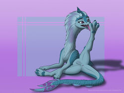 4:3 anus asian_mythology blue_body claws disney dragon east_asian_mythology eastern_dragon female feral genitals horn leg_lick leopon licking long_body mane mythology one_leg_up open_mouth pawpads purple_background purple_eyes pussy raised_leg raya_and_the_last_dragon self_lick simple_background sisu_(ratld) solo tongue tongue_out