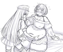 2girls alina_gray azusa_mifuyu back_view bbw belly big_belly blush chubby chubby_female female female_focus hips holding_belly magia_record:_mahou_shoujo_madoka_magica_gaiden mahou_shoujo_madoka_magica midriff multiple_girls orristerioso puella_magi_madoka_magica sweat sweating thick_thighs thighhighs thighs wide_hips yuri