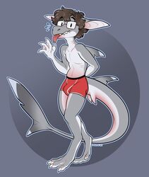 anthro blush bulge clothing eyewear fish glasses hair hi_res looking_at_viewer male marine reef_shark requiem_shark scar shark simple_background solo tongue tongue_out underwear veskie whitetip_reef_shark woufoo