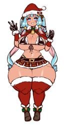 1girls bikini blue_eyes blue_hair breast_squish christmas christmas_outfit female female_only full_body hi_res huge_thighs jojoniumart legwear light-skinned_female light_skin long_hair looking_at_viewer massive_ass massive_breasts minari_(jojoniumart) miniskirt navel_piercing peace_sign pink_hair smiling smiling_at_viewer solo solo_female sparkling_eyes thick_thighs thigh_squish tight_clothing twintails two_tone_hair white_background wide_hips