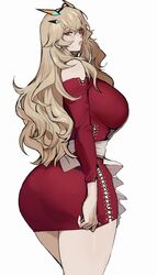 1girls absurd_res barghest_(gawain)_(fate) blonde_hair dat_ass dress dress_tug ennuigrl fate/grand_order fate/stay_night fate_(series) female female_only long_hair looking_down narrowed_eyes solo solo_female thick_thighs tight_clothing tight_dress tight_fit white_background