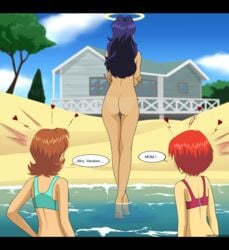 3girls ass ass_awe beach clothed_female_nude_female female female_only human irma_lair mature_female mother_and_daughter multiple_girls nanotyrannus nude sea susan_vandom swimsuit text uncensored w.i.t.c.h. walking water will_vandom