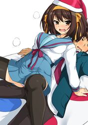 1boy 1girls big_breasts blush christmas clothed clothing girl_on_top haruhisky hasbro kyon panties santa_hat school_uniform skirt spread_legs suzumiya_haruhi suzumiya_haruhi_no_yuuutsu thighhighs twister uniform