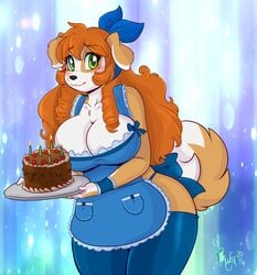 1girls :3 animal_ears anthro anthro_only anthrofied apron bare_shoulders big_breasts black_nose blue_apron blue_ribbon blush breasts cake cleavage clothed clothes clothing dog_ears female female_only fully_clothed furry furry_only green_eyes hair_ribbon hips holding_object huge_breasts humanoid kibbles kibbles_(uberquest) large_breasts long_hair looking_at_viewer no_humans orange_hair phuufy ribbon solo solo_female solo_focus tail thick thick_thighs thighs two_tone_fur uberquest voluptuous webcomic webcomic_character wide_hips