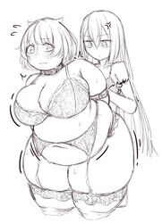 2girls alina_gray azusa_mifuyu bbw belly belly_overhang big_belly big_breasts breasts chubby chubby_female cleavage fat female_focus female_only garter_belt garter_straps hips lingerie magia_record:_mahou_shoujo_madoka_magica_gaiden mahou_shoujo_madoka_magica orristerioso puella_magi_madoka_magica skinny_girl thick_thighs thighs tight_fit underwear wide_hips