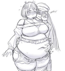 2girls alina_gray azusa_mifuyu bbw belly belly_overhang big_belly big_breasts breasts chubby chubby_female fat female female_focus female_only hips magia_record:_mahou_shoujo_madoka_magica_gaiden mahou_shoujo_madoka_magica nipple_bulge orristerioso puella_magi_madoka_magica teasing thick_thighs thighhighs thighs wide_hips