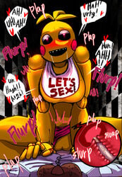 1boy 1girls animatronic blush chicken english_text female_rapist femdom five_nights_at_freddy's five_nights_at_freddy's_2 lewdbuang marinblue rape robot toy_chica_(fnaf)