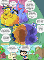 2021 animal_crossing ankha ankha_(animal_crossing) anthro ass between_butts big_butt blush bodily_fluids breasts butt_crush cleavage clothed clothing comic crossed_arms dialogue domestic_cat english_text facesitting fat felid feline felis female flattened group gulpspooky hands_on_hips hi_res huge_butt male male/female mammal marshal_(animal_crossing) nintendo obese obese_anthro obese_female overweight overweight_anthro overweight_female rosie_(animal_crossing) smothering speech_bubble sweat sweaty_butt text thick_thighs video_games villager_(animal_crossing) wide_hips