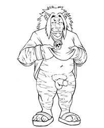 2020 anthro balls bone boner bottomless claws clothed clothing ear_piercing ear_ring erection facial_hair flip_flops footwear fur gabshiba genitals hair hunter_x_hunter leol_(hunter_x_hunter) line_art male male_only mane mane_hair monochrome navel pendant penis piercing pubes sandals skull solo solo_male standing striped_body striped_fur stripes topwear whiskers wristband