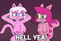 2girls animated animated_gif anthro armpits blue_eyes breasts breasts_out cat_ears cat_girl cat_tail catgirl commander_ceebeez_(majuv) domestic_cat english_text felid feline felis female/female fluffy_tail furry gif green_eyes hips magenta_fur magenta_hair majuv mammal naked necklace nipples nude nude_female pink_fur pink_hair pink_nipples short_hair simple_background smile twitter_username