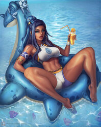 1girls abs armpits ass athletic_female barefoot belly big_ass big_breasts blue_eyes blue_hair blue_skin breasts dark-skinned_female dark_skin drink earrings eye_contact feet female female_only glass high_resolution highres holding lapras long_hair looking_at_viewer looking_away luminyu luvdisc midriff navel necklace nessa_(pokemon) nintendo pokémon_(species) pokemon pokemon_rgby pokemon_rse pokemon_ss scalie smile solo_focus spread_legs thick_thighs toes vaporeon water watermark wet wide_hips