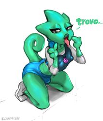 1boy chameleon femboy kneeling kokman male male_only open_mouth reptile reptile_humanoid reptilian shorts solo tail trovo