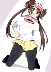 1girls 2021 :o alternate_breast_size big_eyes blue_eyes blush breasts brown_hair feet_in_stockings female female_only fully_clothed hat huge_breasts kneeling long_hair looking_at_viewer nintendo pokemon pokemon_bw2 rosa_(pokemon) shirt simple_background skirt slim_waist thick_thighs thighs tights tottotonero twin_buns twintails visor visor_cap white_background white_hat white_shirt yellow_skirt