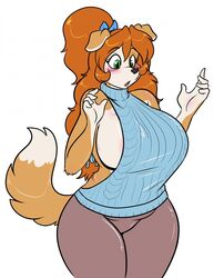 1girls 5_fingers animal_ears anthro big_breasts blue_ribbon blush breasts dog_ears female female_only furry furry_only green_eyes hair_ribbon kibbles kibbles_(uberquest) long_hair looking_at_breasts no_bra no_humans open_back open_mouth orange_hair ribbon sideboob simple_background skidd snout solo solo_female solo_focus tail thick_thighs thighs two_tone_fur uberquest webcomic webcomic_character white_background