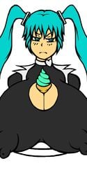 angelauxes between_breasts blue_eyes blue_hair blush erect_nipples erect_nipples_under_clothes food_between_breasts frown fully_clothed hatsune_miku huge_breasts ice_cream twintails vocaloid