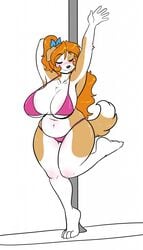 1girls animal_ears big_breasts bikini blank_background blue_ribbon blush breasts closed_eyes closed_mouth dog_ears eyebrows_visible_through_hair female female_only front_view furry furry_only hair_ribbon kibbles kibbles_(uberquest) long_hair no_humans one_arm_behind_head one_arm_up one_leg_raised orange_hair panties pink_bikini pink_panties pole pole_dancing ribbon simple_background skidd solo solo_female solo_focus stripper_pole tail two_tone_fur uberquest webcomic webcomic_character white_background