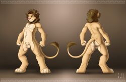 2014 absurd_res animal_genitalia anthro balls blue_eyes felid furry genitals hi_res iztli lion male male_only mammal nude pantherine sheath signature solo standing