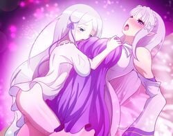 2girls ass blue_eyes blush breast_grab breast_sucking elf emilia_(re:zero) hair_ribbon large_breasts moaning multiple_girls nexus_avelon open_mouth pandora_(re:zero) platinum_blonde_hair pointy_ears purple_eyes re:zero_kara_hajimeru_isekai_seikatsu sidelocks silver_hair tongue very_long_hair yuri