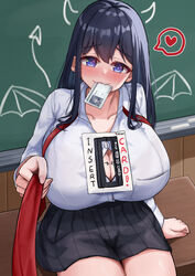 1girls 2021 blue_eyes blush breasts classroom dark_hair demon_horns demon_tail female female_only heart highres horns huge_breasts id_card iro_(boo_iro) large_breasts long_hair looking_at_viewer object_in_mouth original school_uniform schoolgirl shirt sitting sitting_on_desk skirt smile tagme tail thick_thighs thighs wings