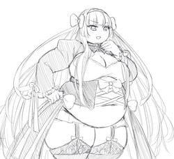 belly belly_overhang big_belly big_breasts breasts chubby chubby_female fat female female_focus garter_straps hand_on_hip long_hair orristerioso sketch smug solo solo_female thick_thighs thighhighs thighs