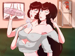 1girls 4_arms 4_breasts black_hair blue_eyes blush breasts closed_eyes clothing conjoined female indoors light-skinned_female light_skin long_hair monster_girl multi_arm multi_breast multi_head multi_limb one_eye_closed open_mouth polymastia pouring_on_breasts pouring_on_self pouring_water sophiie93 sweat