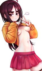 1girls ahoge brown_hair grumpy hidden_curves hoodie long_hair looking_at_viewer maenchu_(character) navel nipples niucniuc painted_nails panties_around_legs peace_sign pouting red_eyes shirt_lift skirt small_breasts solo solo_female solo_focus thick_eyebrows