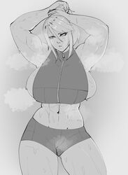 1girls abs armpits breasts cleavage female female_only huge_breasts metroid monochrome muscles muscular muscular_female musk nintendo samus_aran smell solo strongmoist sweat