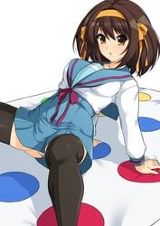 1girls 2d brown_hair haruhisky panties school_uniform skirt solo spread_legs suzumiya_haruhi suzumiya_haruhi_no_yuuutsu tagme twister