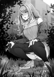 bangs bar_censor bare_shoulders blush breasts breath bush censored clothes_pull commentary_request day drawstring eyebrows_visible_through_hair female full_body grass greyscale half-closed_eyes hands_on_own_knees heart highres jacket kokomachi long_hair long_sleeves medium_breasts miniskirt monochrome nose_blush off_shoulder open_clothes open_jacket open_mouth original outdoors outline panties panty_pull pantyhose pantyhose_pull peeing puddle pussy shiny shiny_hair shirt shirt_tucked_in shoes sidelocks skirt sleeveless sleeveless_shirt solo squatting steam teeth trembling underwear urine white_outline