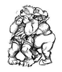 balls banjo-kazooie banjo_(banjo-kazooie) bara blush boner bulge dklover69 embarrassed erection gay hairy male male_focus male_only mario_(series) monochrome muscles muscular penis sketch touching_penis wario