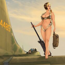 1girls b-17 big_breasts blonde_hair casual casual_exposure female female_focus history human human_only landing_strip light-skinned_female light_skin machine_gun military no_bra no_panties parachute pinup plane revealing_clothes romain_hugault solo solo_female solo_focus world_war_2