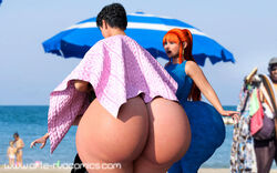 1boy 2021 2girls 3d 3d_(artwork) arte-rvacomics barbara_(rvacomics) beach big_ass black_hair daz3d daz_studio earrings feet_out_of_frame friends height_difference huge_ass jaquelidia_(rvacomics) milf nude nude_female ocean original_characters photo_background ponytail public red_hair rvacomics short_hair thick_thighs towel wide_hips