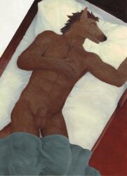 absurd_res animal_genitalia anthro balls bed bed_covers bedding bedroom brown_body brown_fur brown_hair closed_eyes detailed_background fully_sheathed fur furniture genitals gnoll hair hi_res hyaenid lying male mammal nude on_bed open_mouth pillow rmmlusitania rog sheath sleeping solo traditional_media_(artwork)