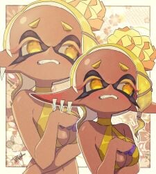 blonde_hair breasts colored_extremities colored_eyelashes cropped_torso dark-skinned_female dark_skin earrings fangs frye_(splatoon) inkling isamu-ki_(yuuki) jewelry navel pointy_ears short_eyebrows simple_background splatoon splatoon_(series) splatoon_3 tentacle_hair white_background yellow_eyes zeicomi100yen