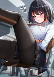 1girls 2021 big_breasts black_hair blurry blurry_background blush breasts classroom depth_of_field female headphones highres holding_breast huge_breasts iro_(boo_iro) leg_on_table leg_up object_on_breast pantyhose phone red_eyes school_uniform schoolgirl shirt short_hair sitting sitting_on_chair skirt smartphone sweat thick_thighs thighs