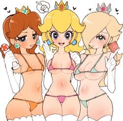 2025 3girls big_breasts bikini blonde_hair blue_bikini blue_eyes blush breasts brown_hair cherry_lumb cleavage condom condom_wrapper crown earrings female female_only gloves hair_over_one_eye heart-shaped_pupils hearts_around_head long_hair mario_(series) nintendo orange_bikini pink_bikini pink_lips pink_lipstick princess princess_daisy princess_peach princess_rosalina small_breasts sticking_out_tongue thick_thighs thighhighs thighs vibrator white_background